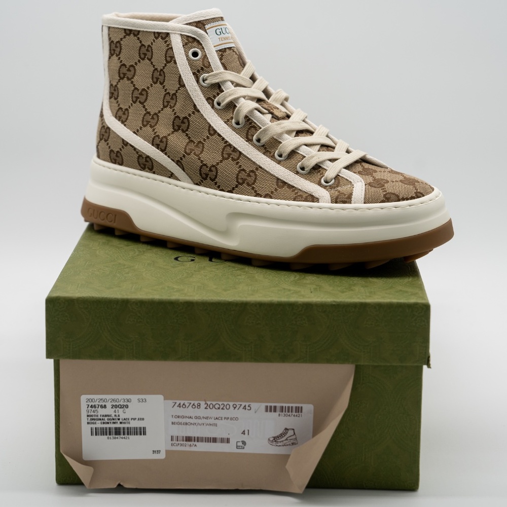 size 41G 11 US Gucci Tennis Platform GG Canvas Beige Brown Sneakers High Top - Picture 10 of 11